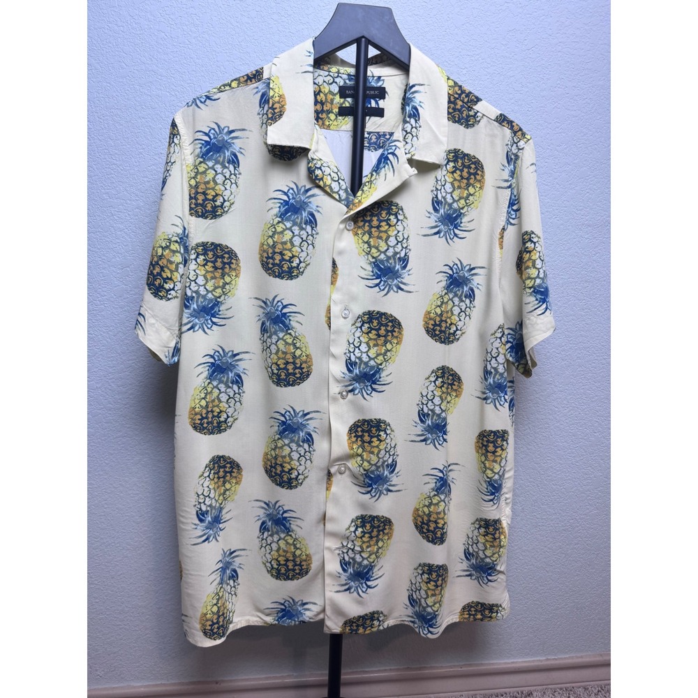 Banana Republic Mens Pineapple Print Rayon Short Sleeve Slim Fit Shirt Large L